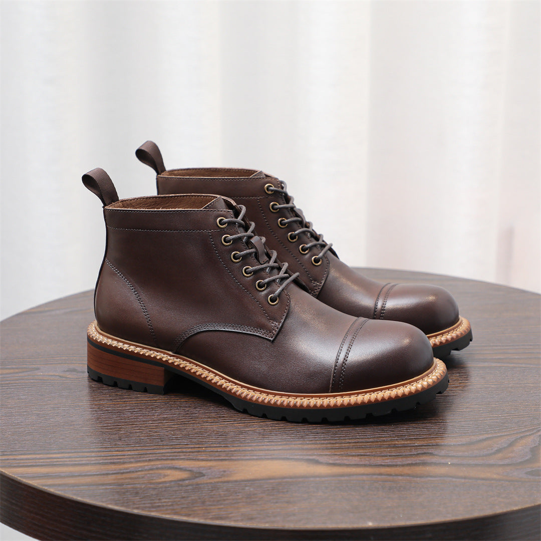 Cap Toe Leather Contrast-Welt Lace-Up Boots for Men