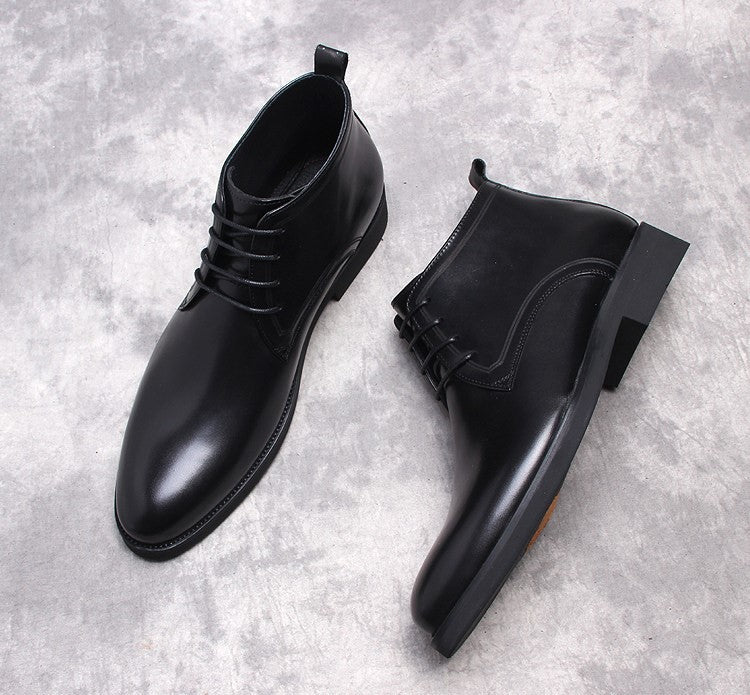 Men's dress boots set, black leather lace-up and side-zip style, low heel