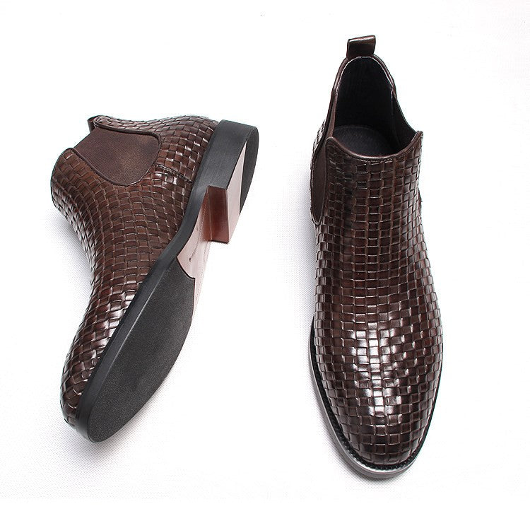 Men's dark brown leather chelsea dress boots, woven texture, slip-on with elastic side