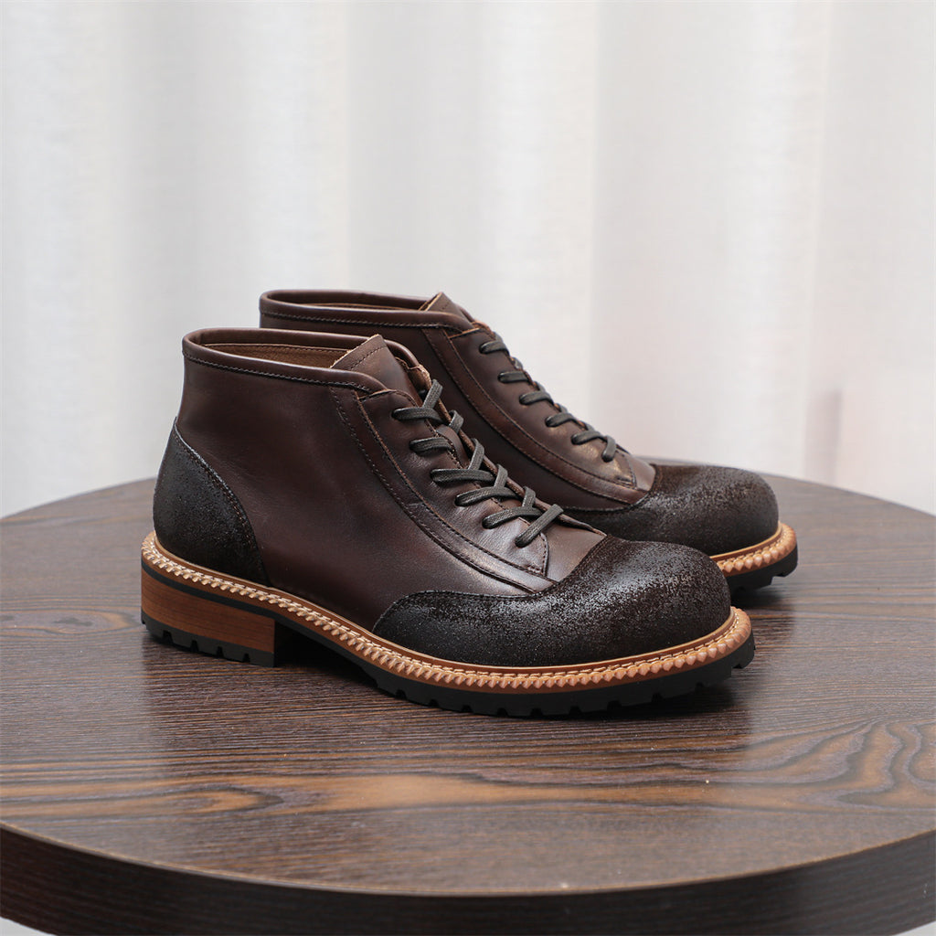 Men's Leather Textured Cap Toe Lug Sole Lace-Up Boots