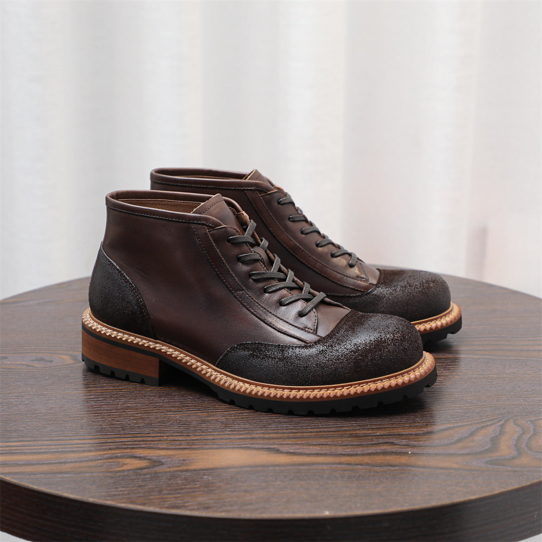 Men's Leather Textured Cap Toe Lug Sole Lace-Up Boots
