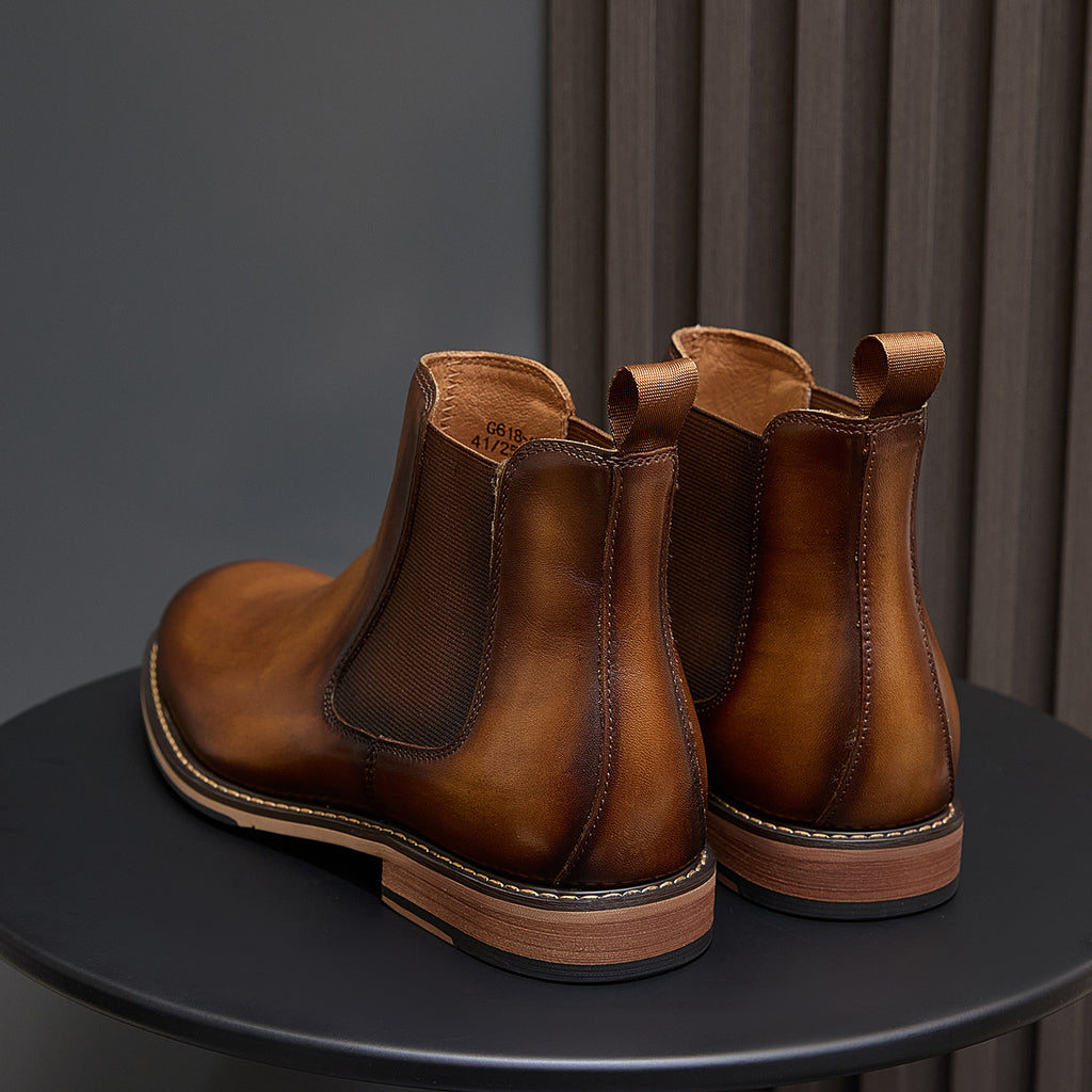 Men's suede chelsea boots, brown heel and back with elastic gore panels