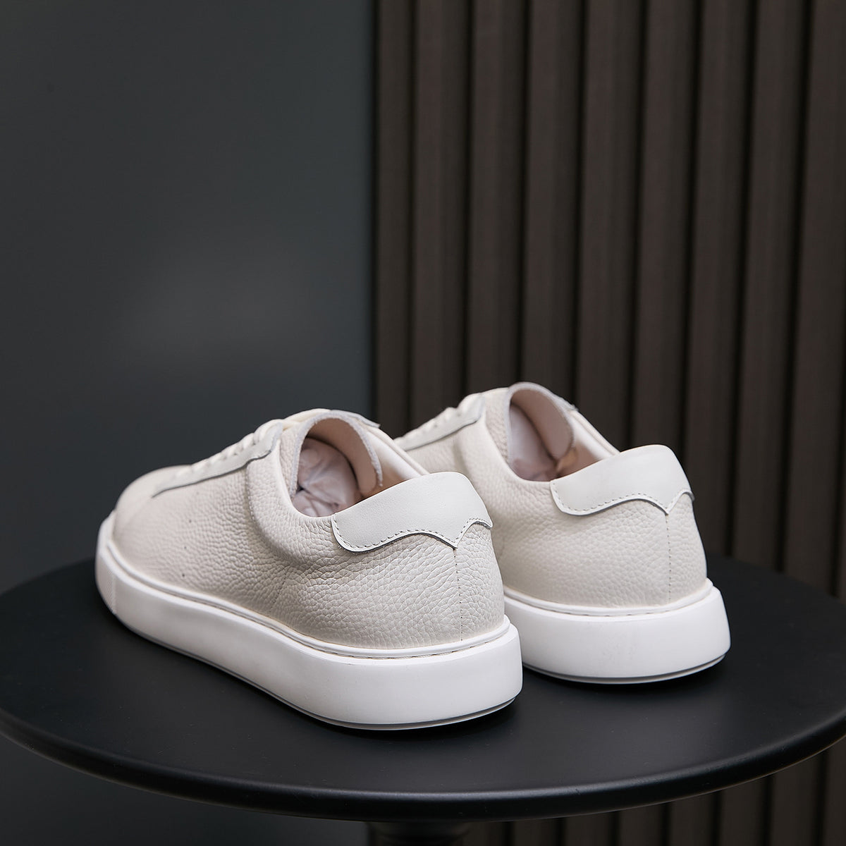 Men's genuine leather sneakers, white low-top slip-on look with rear heel tabs