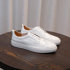 Men's genuine leather sneakers, white, lace-up with perforated wingtip trim