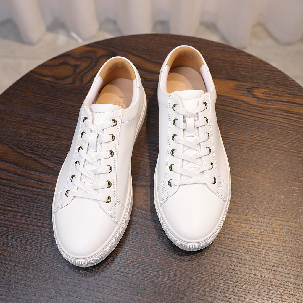 Men's genuine leather sneakers, white, lace-up low-top, side-by-side view.