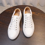 Men's genuine leather sneakers, white, lace-up low-top, side-by-side view.