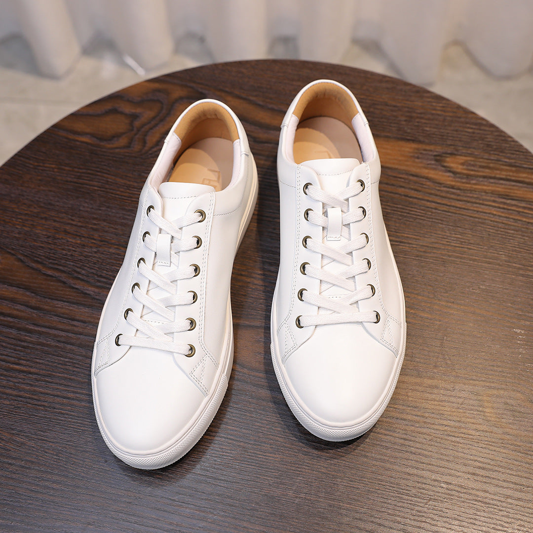 Men's genuine leather sneakers, white, lace-up low-top, side-by-side view.