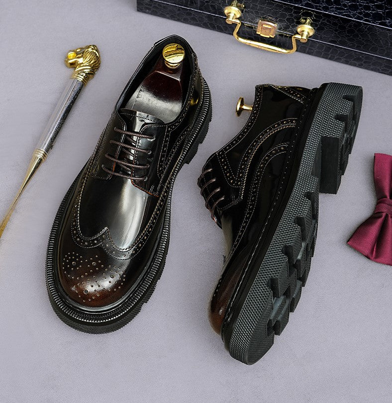 Men's leather derby shoes with pointed toe, lace-up front, and textured tread sole.