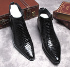 Black crocodile-texture side-zip boots with thick sole and pointed toe