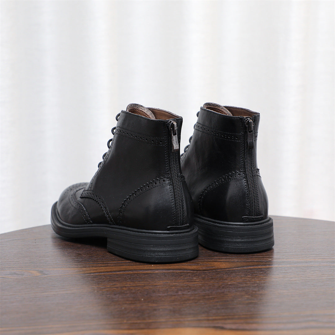 Burnished Wingtip Brogue Leather Back-Zip Boots for Men