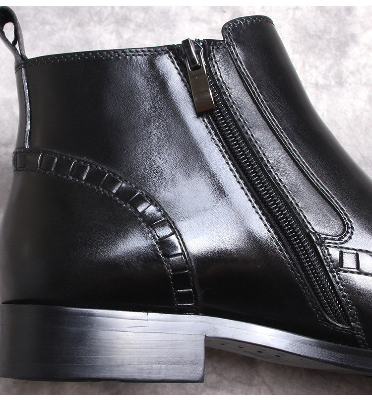 Black leather side-zip ankle boot upper with visible zipper and contrast stitching