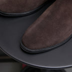 Men's pointed-toe suede Chelsea dress boots, dark brown toe detail