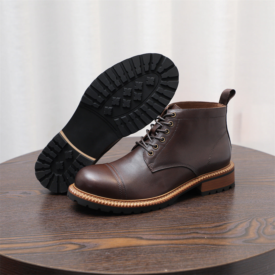 Cap Toe Leather Contrast-Welt Lace-Up Boots for Men