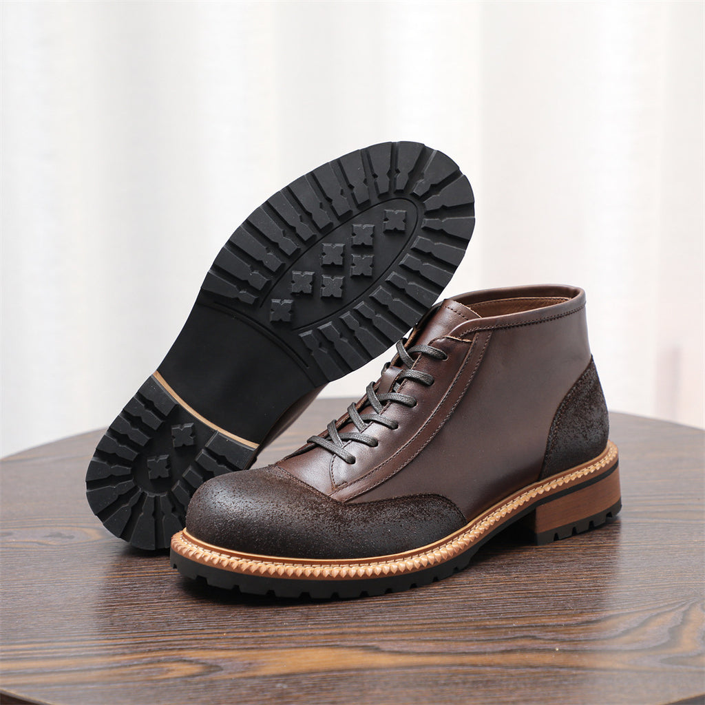 Men's Leather Textured Cap Toe Lug Sole Lace-Up Boots
