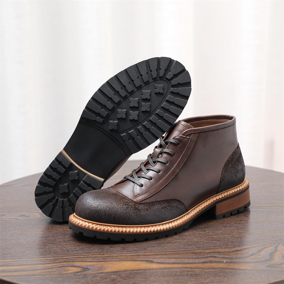 Men's Leather Textured Cap Toe Lug Sole Lace-Up Boots