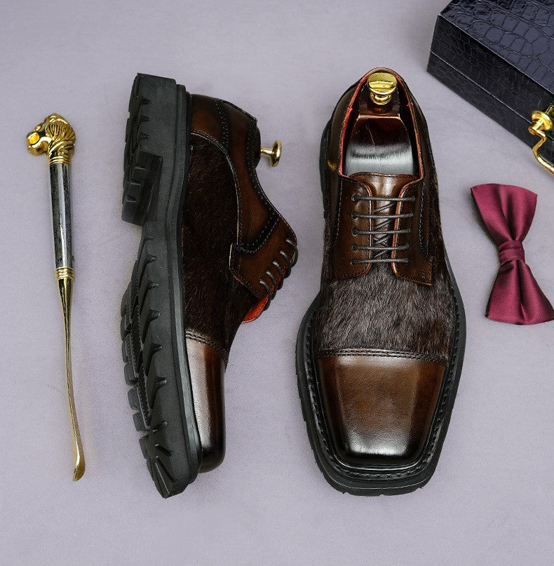 Men's Chunky Lug Sole Cap Toe Haircalf Leather Derbies