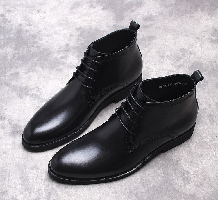 Men's lace-up leather dress boots, black glossy finish, low heel