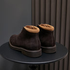 Men's dark brown suede chukka boots with padded collars and stacked heel, pair view