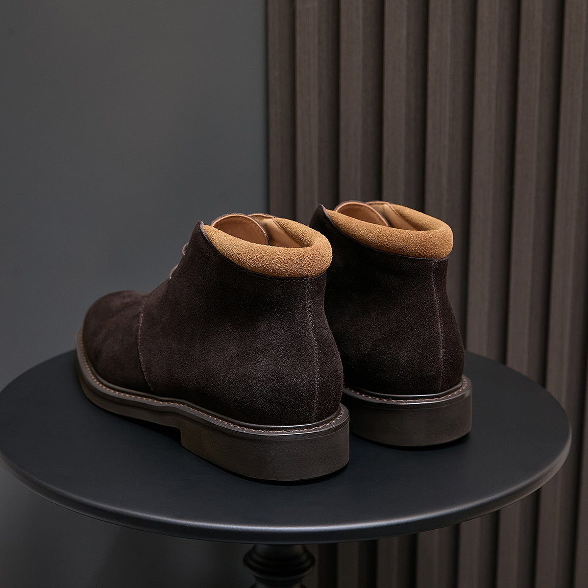Men's dark brown suede chukka boots with padded collars and stacked heel, pair view