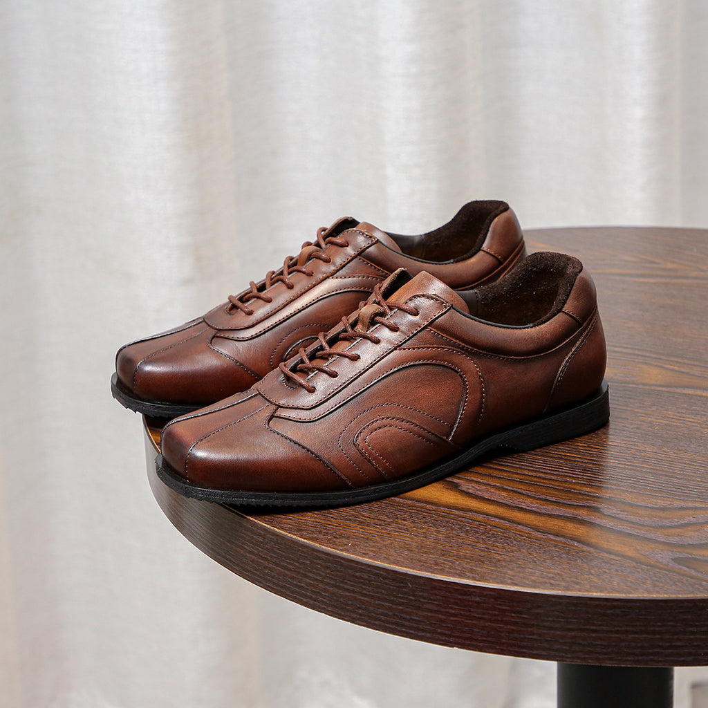 Men's genuine leather sneakers, brown, lace-up with stitched toe and low rubber sole