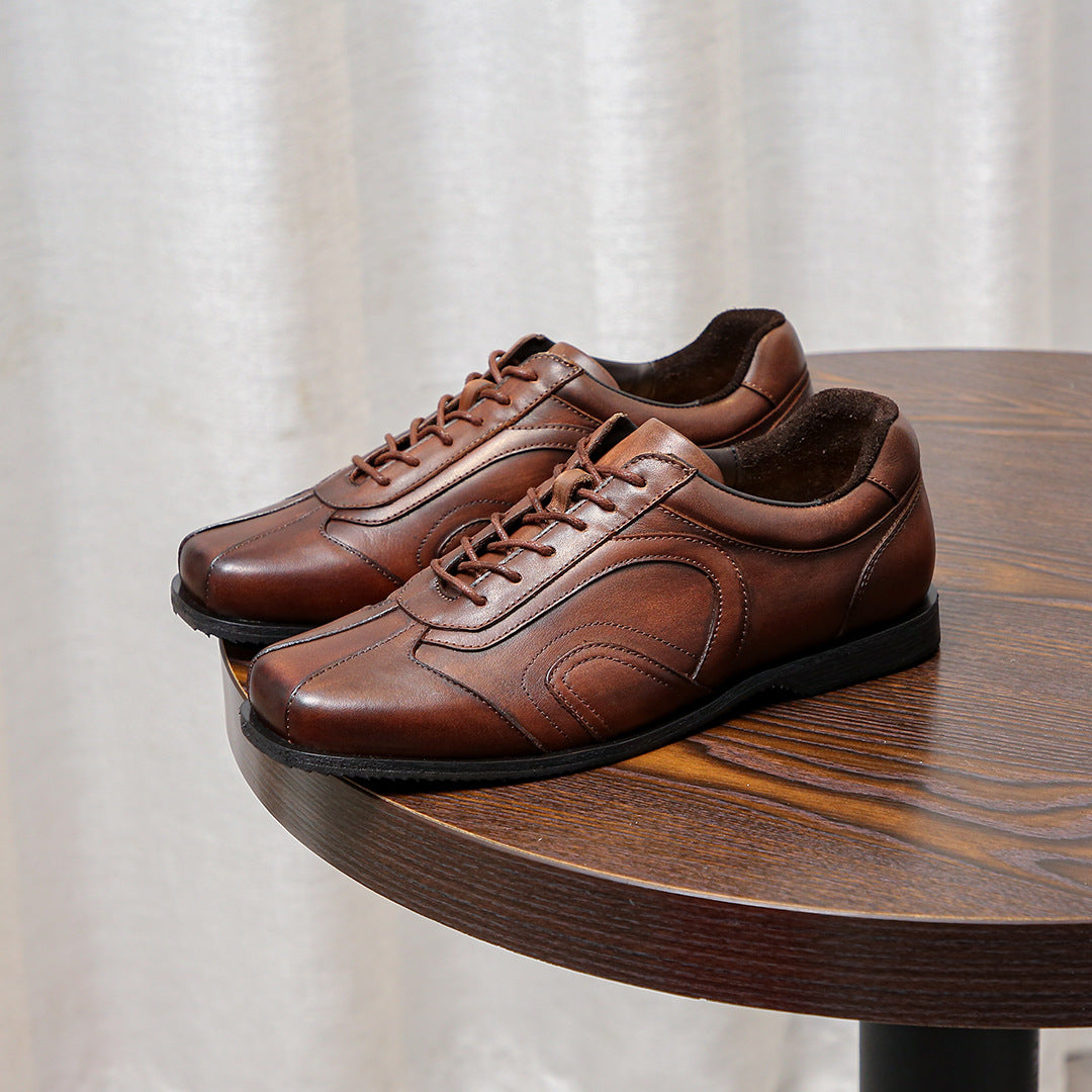 Men's genuine leather sneakers, brown, lace-up with stitched toe and low rubber sole