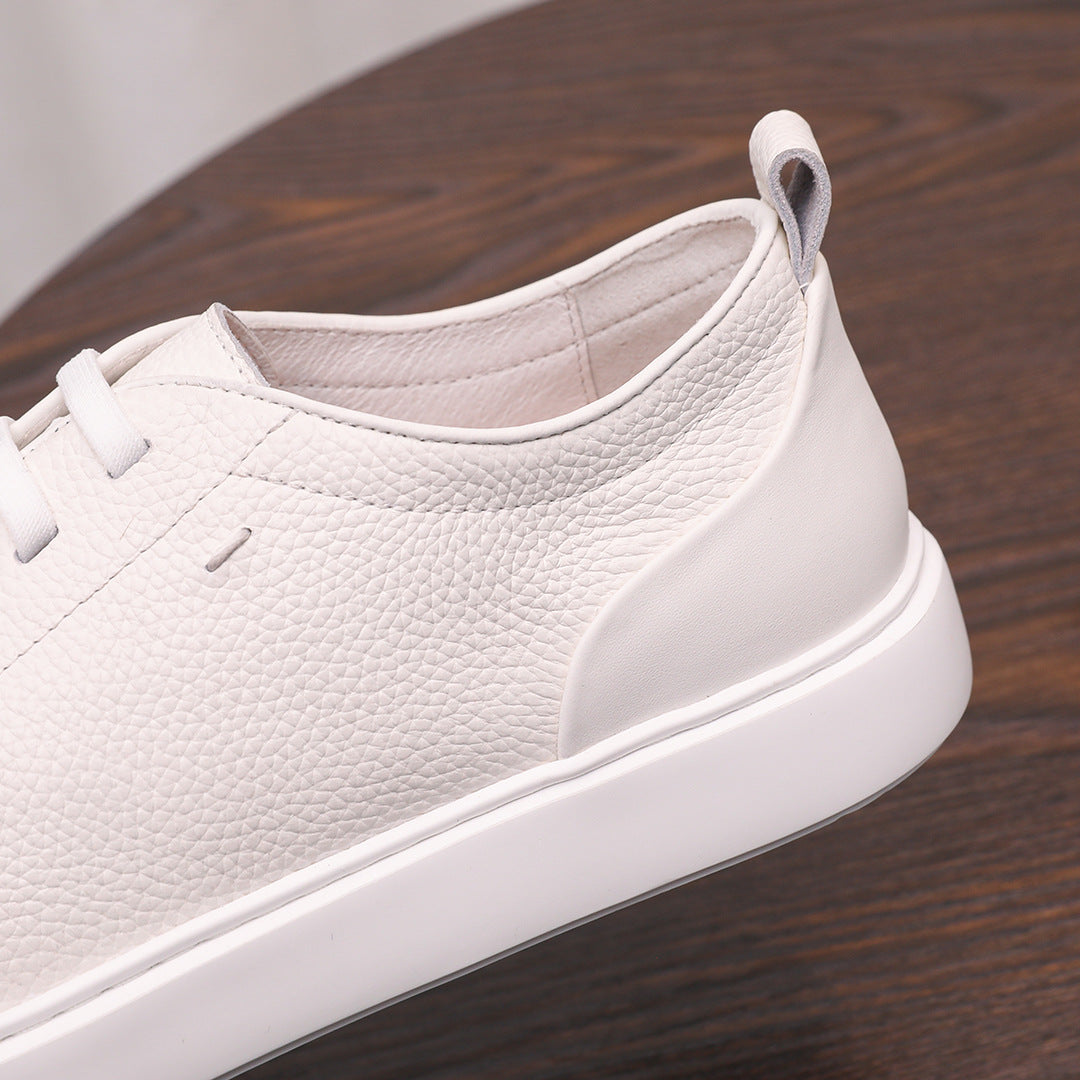 Men's genuine leather sneakers, white side profile with lace placket and thick sole