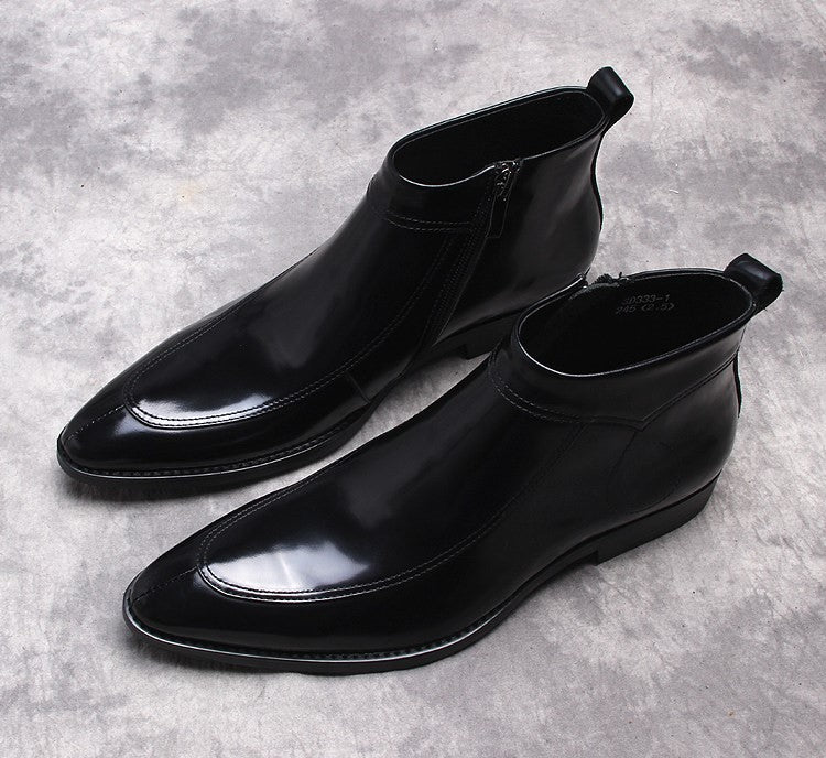Black leather ankle boots with side zipper and thick sole, glossy finish