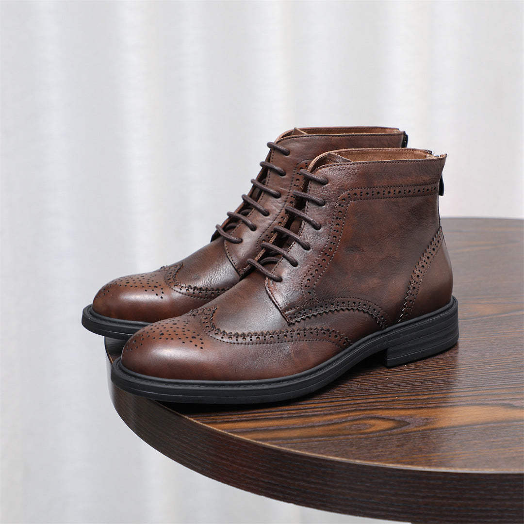 Burnished Wingtip Brogue Leather Back-Zip Boots for Men