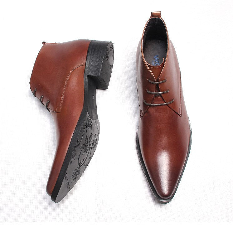 Men's lace-up dress boots, brown leather with stacked heel and dark rubber sole