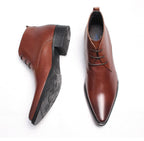 Men's lace-up dress boots, brown leather with stacked heel and dark rubber sole