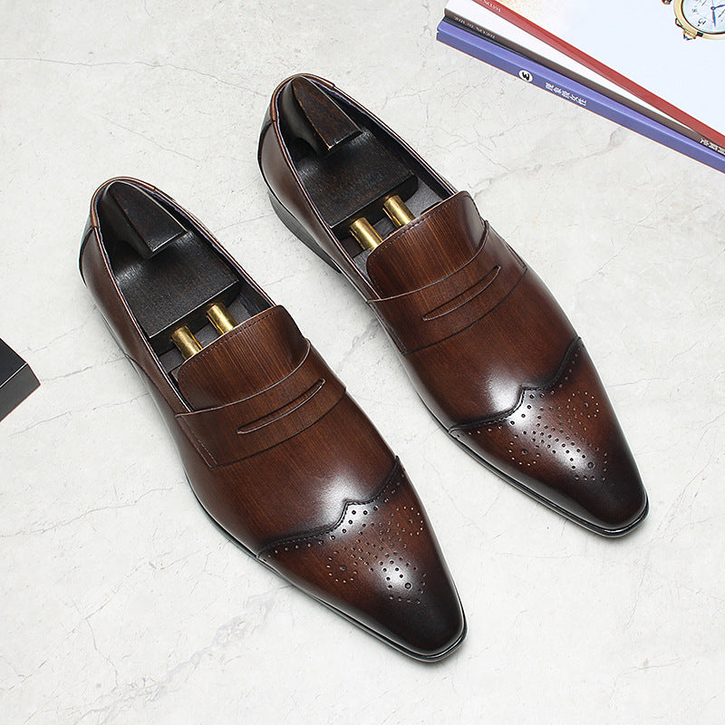Brogue Slip-On Men's Business Casual Loafers Pointed Toe Dress Shoes