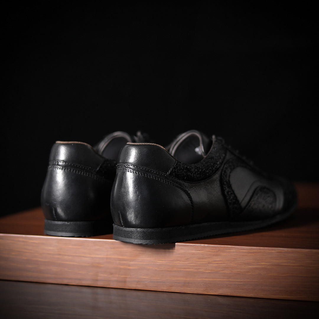Men's genuine leather lace-up sneakers, black leather with heel tab, low rubber sole