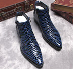 Blue textured leather side-zip formal boots with thick sole, pointed toe