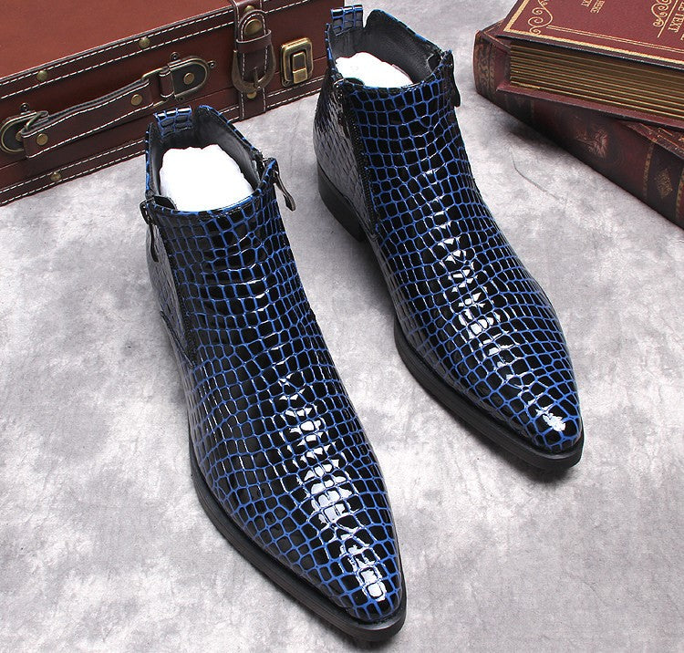Blue textured leather side-zip formal boots with thick sole, pointed toe