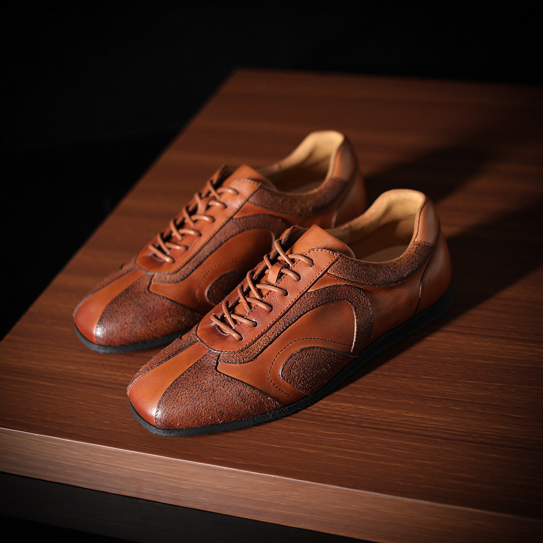 Men's genuine leather lace-up sneakers, brown leather panels, low profile rubber sole