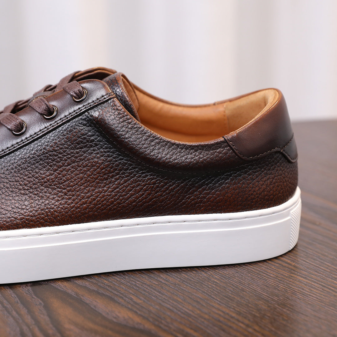 Dark brown genuine leather low-top sneakers, lace-up with white rubber sole
