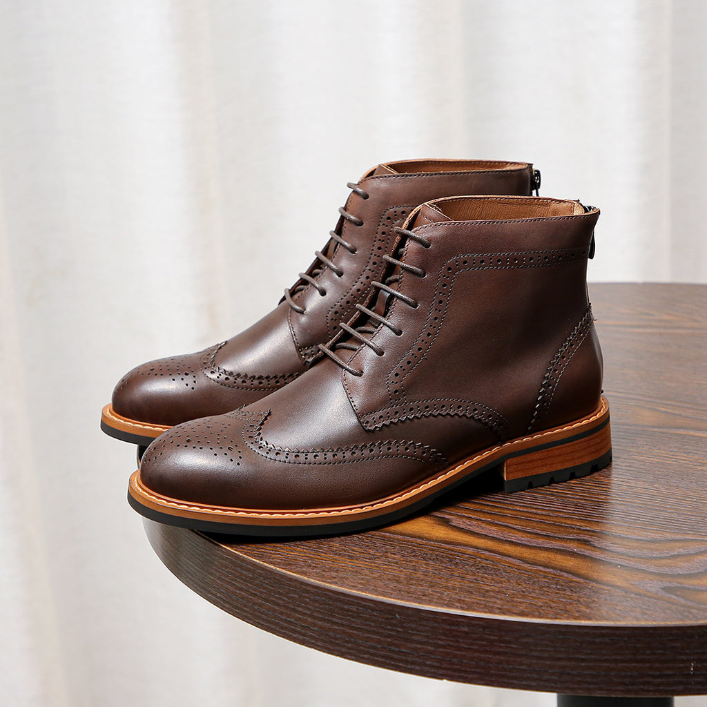 Wingtip Brogue Leather Derby Ankle Boots for Men