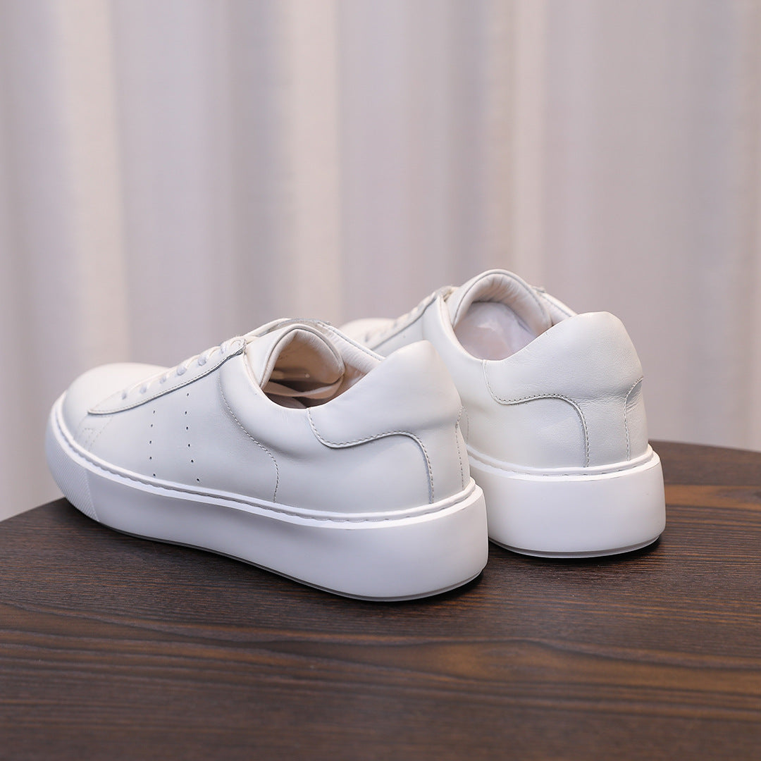 Men's genuine leather low-top sneakers, white lace-up with minimal stitching