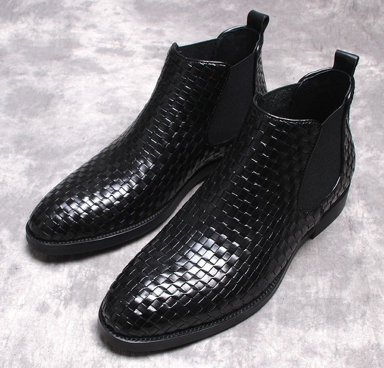 Men's black leather chelsea dress boots, woven pattern, slip-on elastic gore