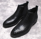 Men's black leather chelsea dress boots, woven pattern, slip-on elastic gore