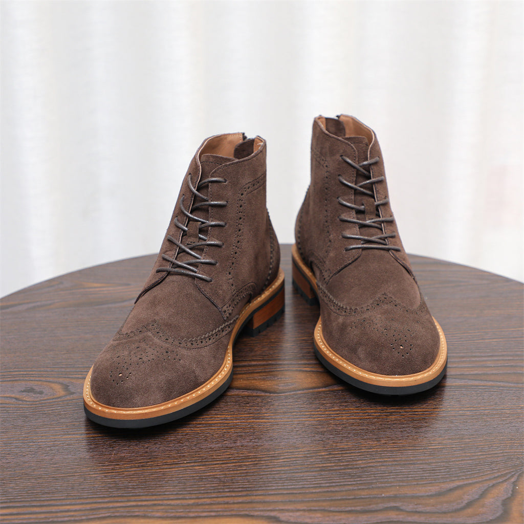 Wingtip Brogue Suede Back-Zip Lace-Up Boots for Men