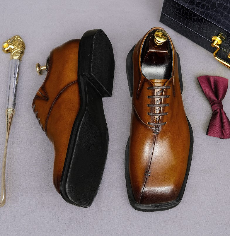 Men's chunky lug-sole wingtip brogue oxfords, dark brown, side view, lace-up.