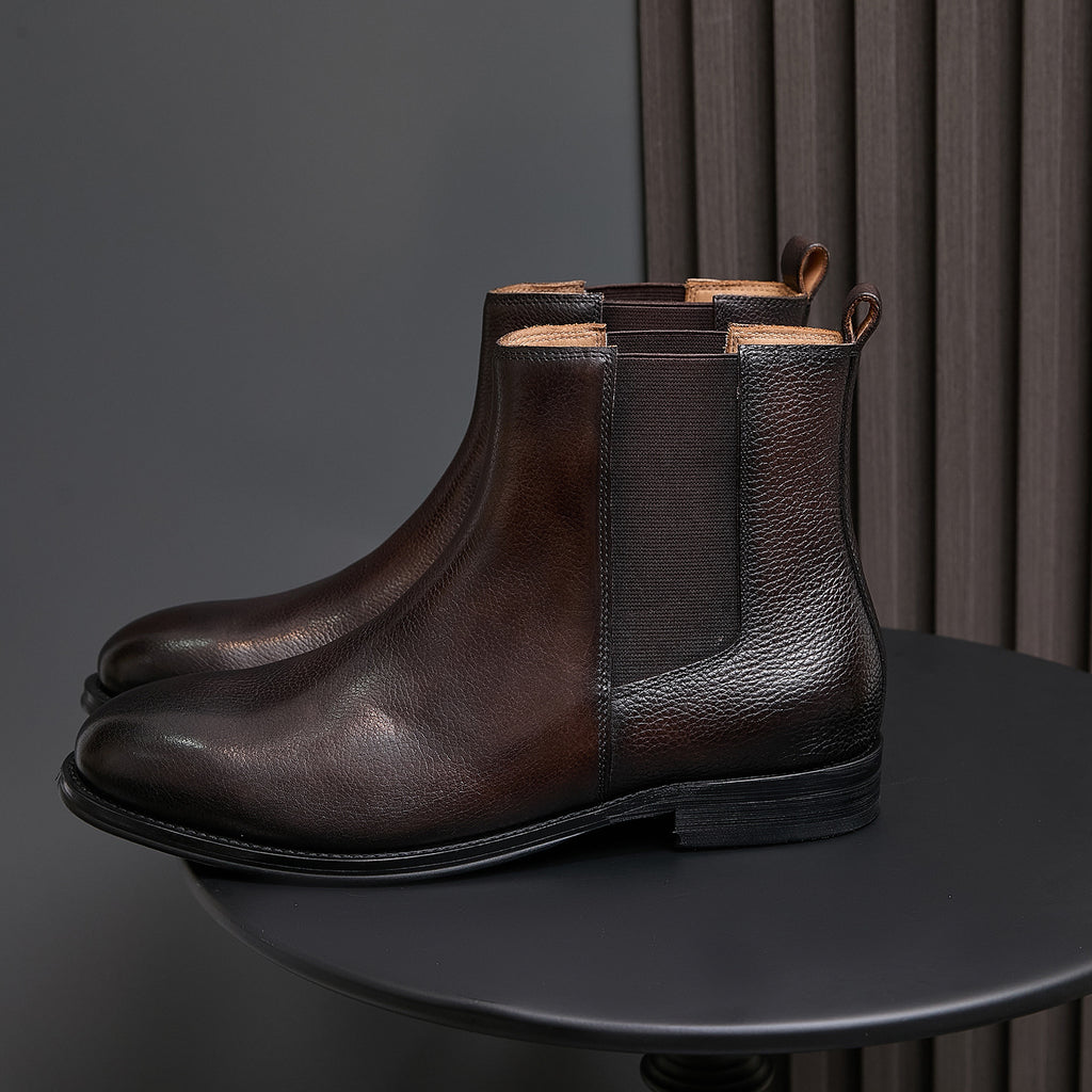 Men's dark brown chelsea dress boots with elastic gore and pointed toe