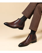 Men's genuine leather Chelsea dress boots, brown slip-on style with side elastic gore