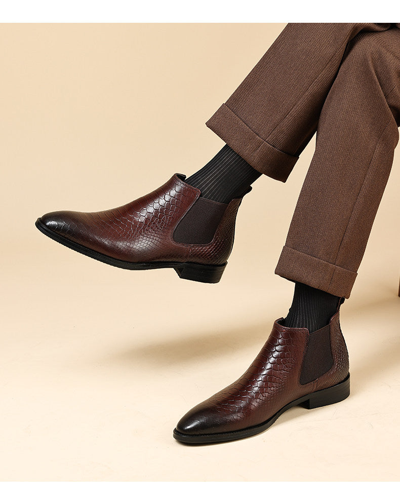 Men's genuine leather Chelsea dress boots, brown slip-on style with side elastic gore