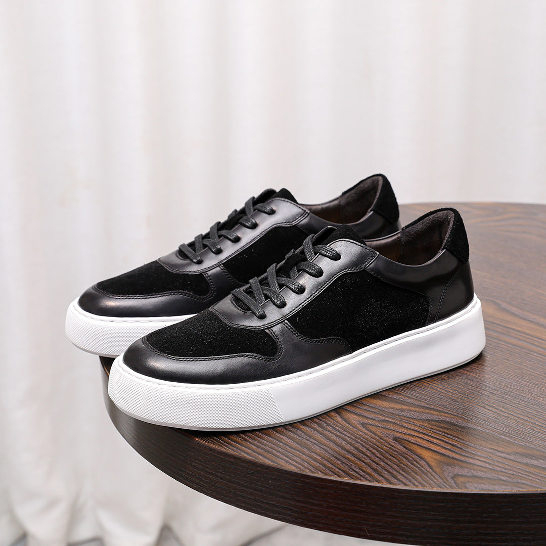 Brown leather lace-up sneakers with heel detail and low white rubber sole