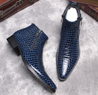 Blue crocodile-texture side-zip ankle boots with thick sole and pointed toe