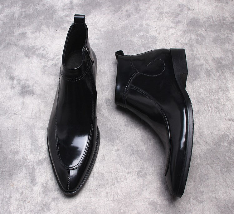 Black leather side-zip dress boots, pointed toe, sleek ankle-height profile
