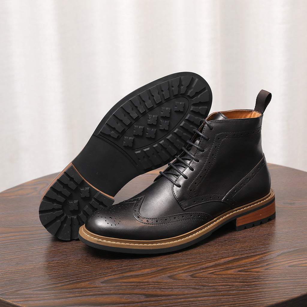 Wingtip Brogue Leather Back-Zip Lace-Up Boots for Men
