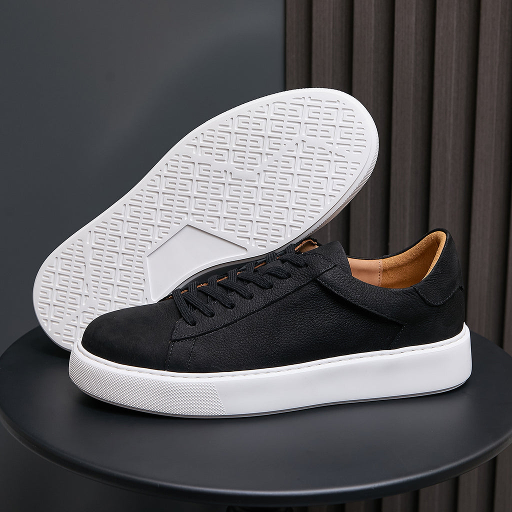 Men's genuine leather sneakers, black, with textured white outsole and lace-up upper